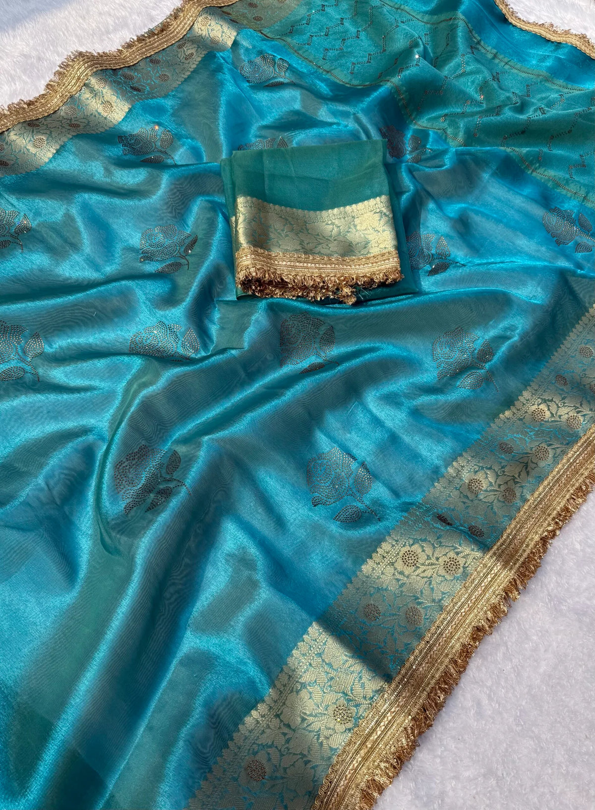 Turquoise Blue Stone Work Tissue Saree