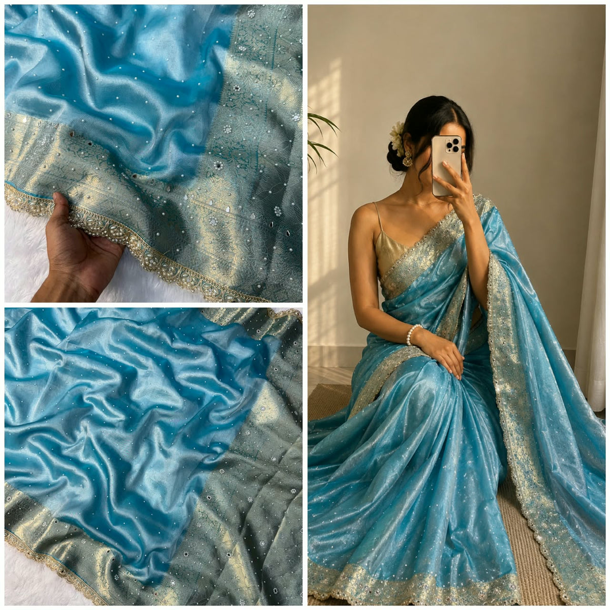 Hot Sky Blue Tissue Saree