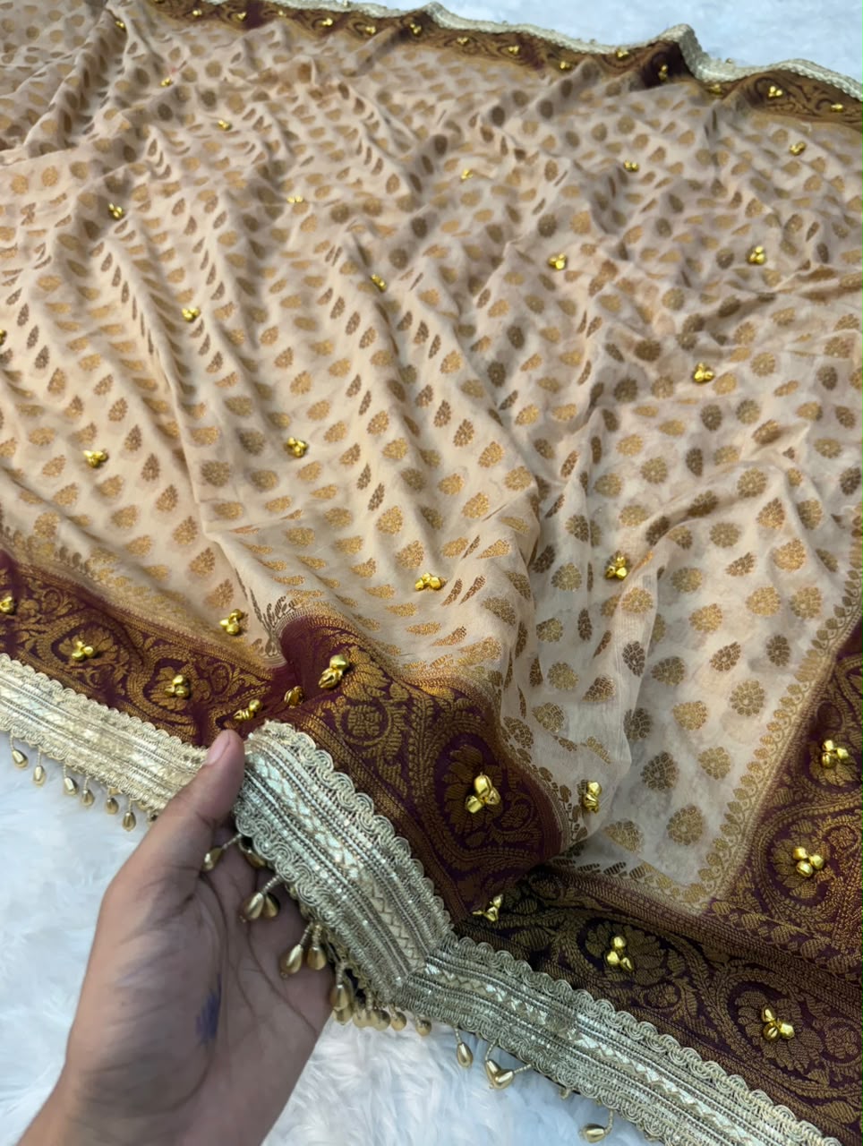 Champagne Beige Viral Ghungroo Georgette Saree