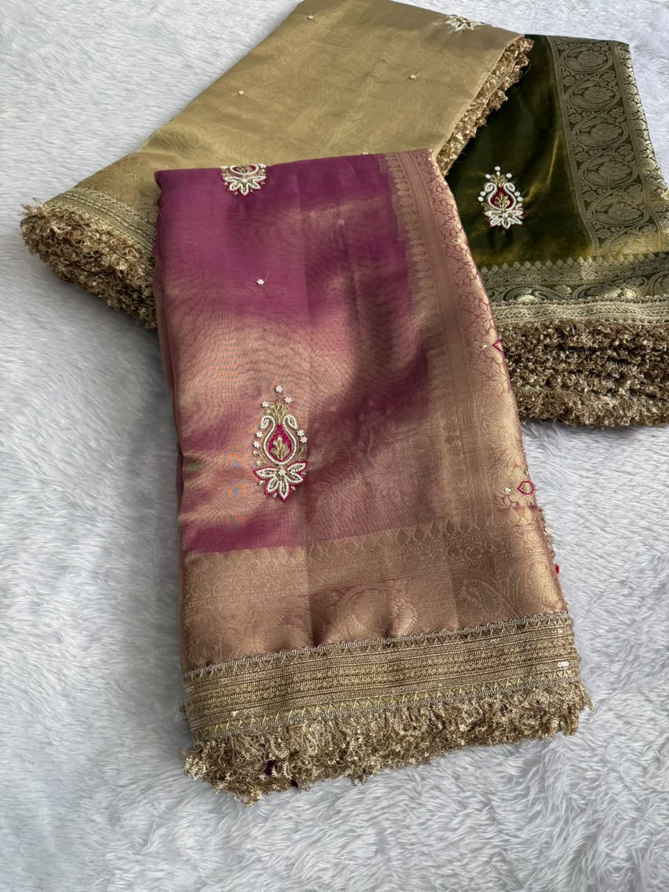 Tissue saree in pink and olive green with gold zari border, small embroidered motifs