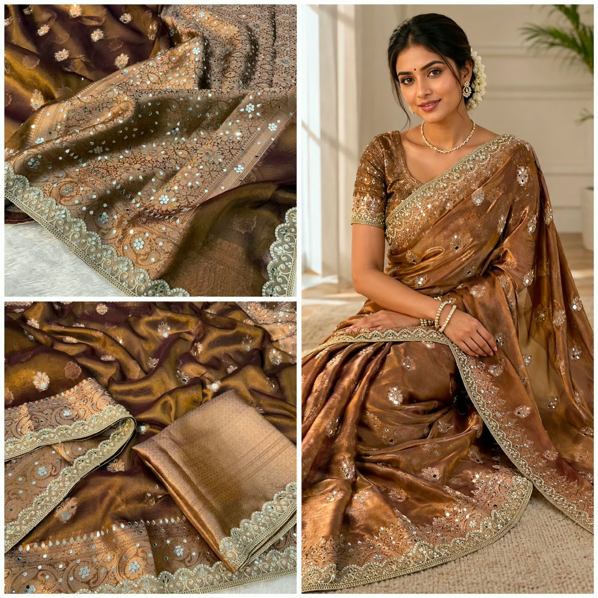 Premium Copper Banarasi Mirror Floral Tissue Saree
