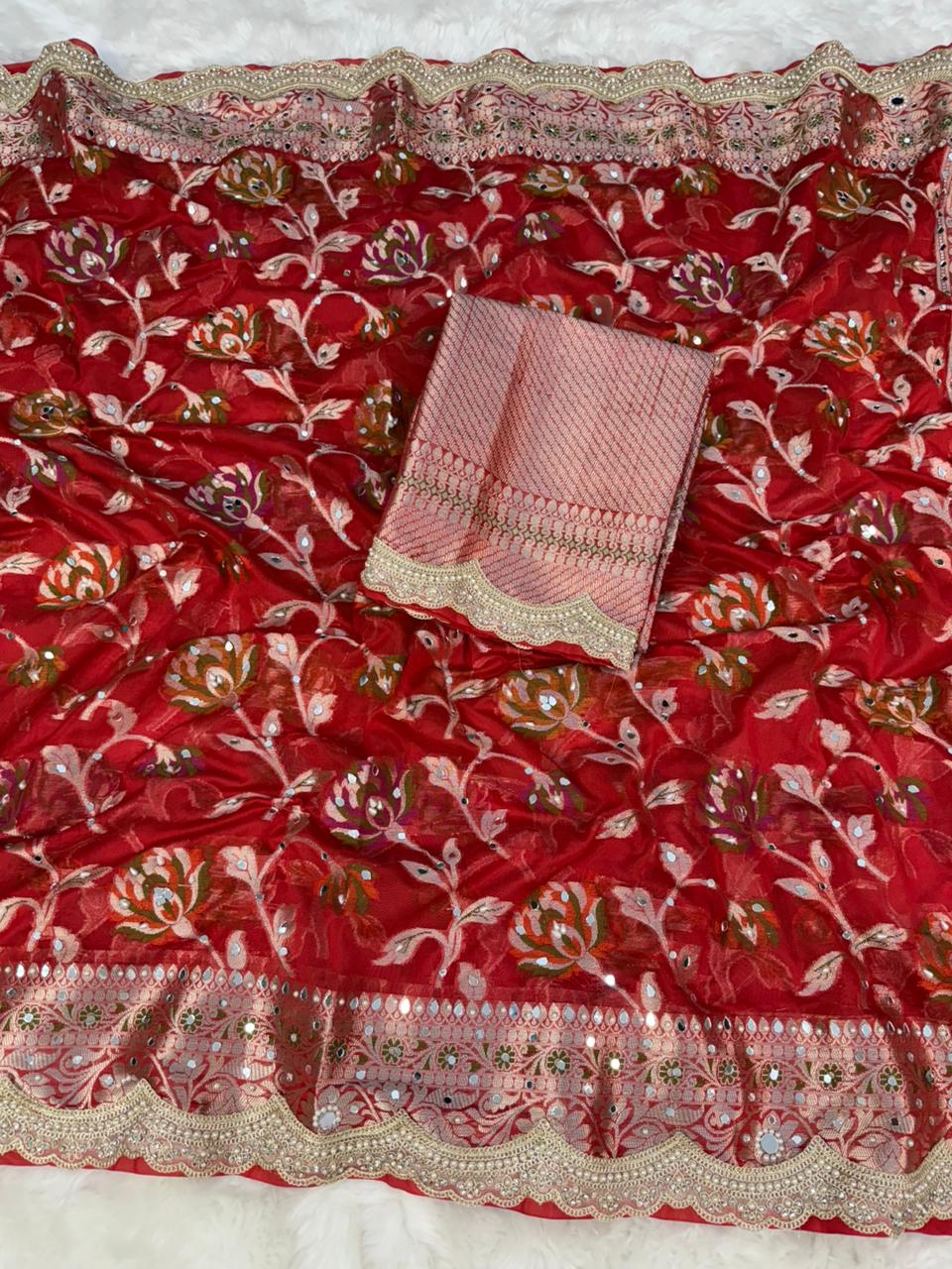 Deep Red Premium Georgette Mirror And Stone work Saree