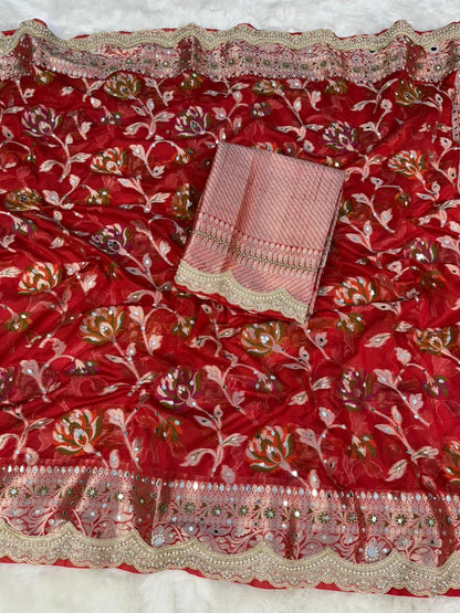 Deep Red Premium Georgette Mirror And Stone work Saree