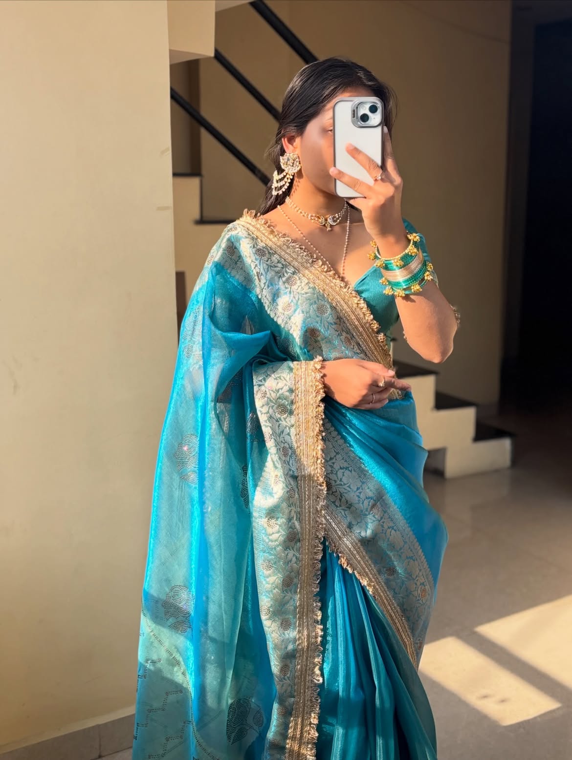 Turquoise Blue Stone Work Tissue Saree