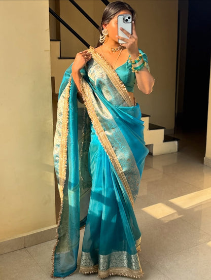 Turquoise Blue Stone Work Tissue Saree