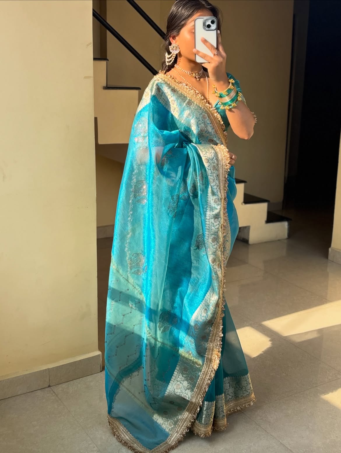 Turquoise Blue Stone Work Tissue Saree
