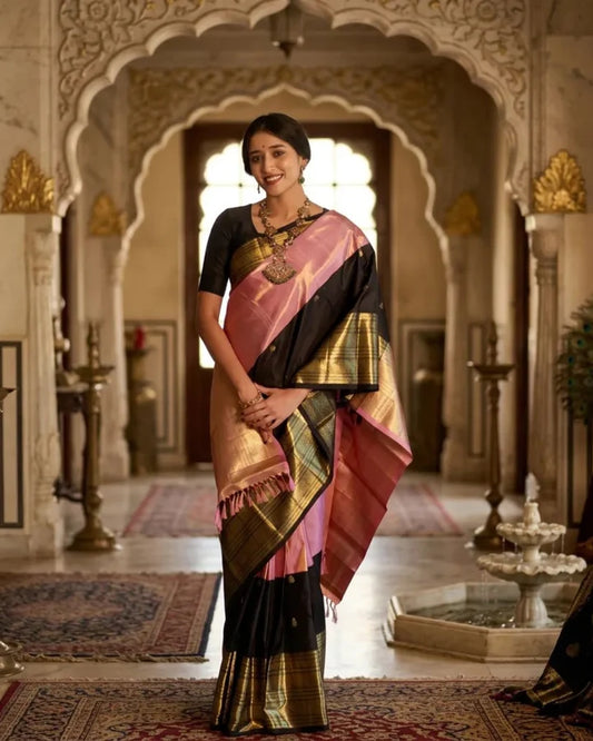 Half-and-half tissue silk saree in black, mauve pink and gold with woven borders