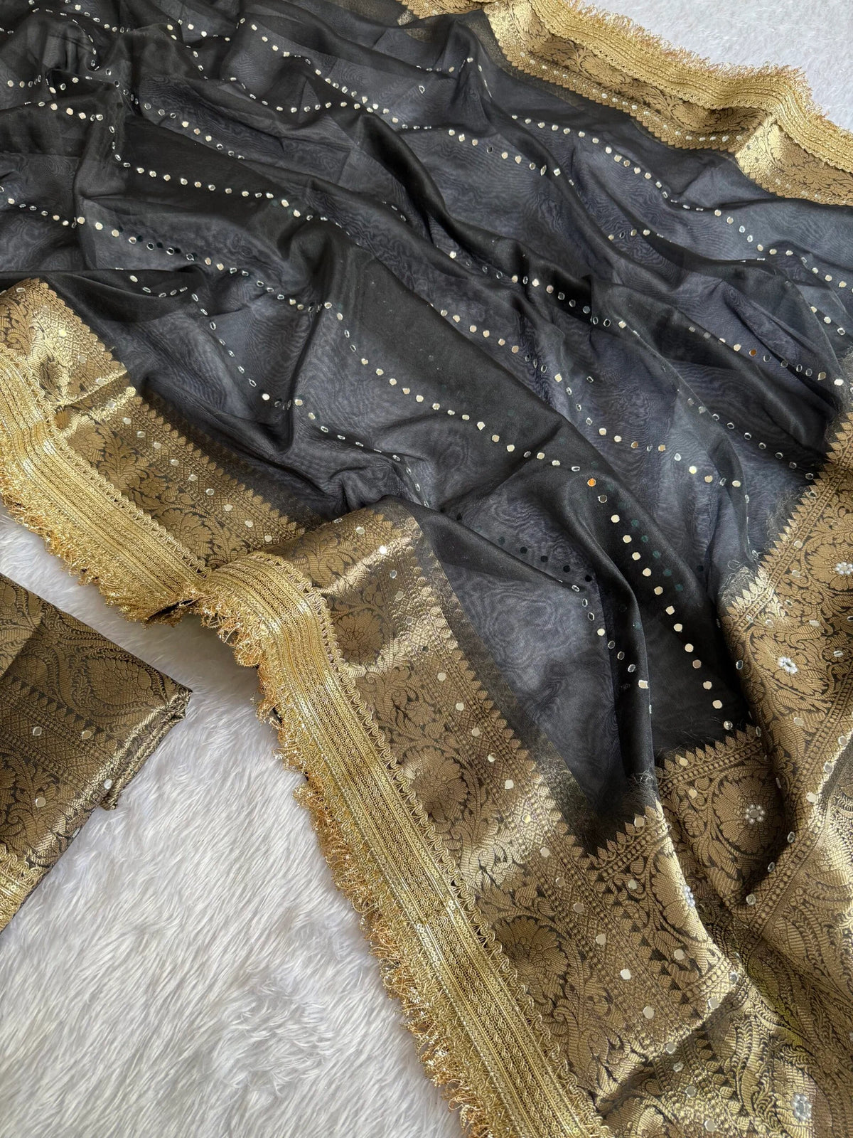 Black Organza Mirror Work Saree