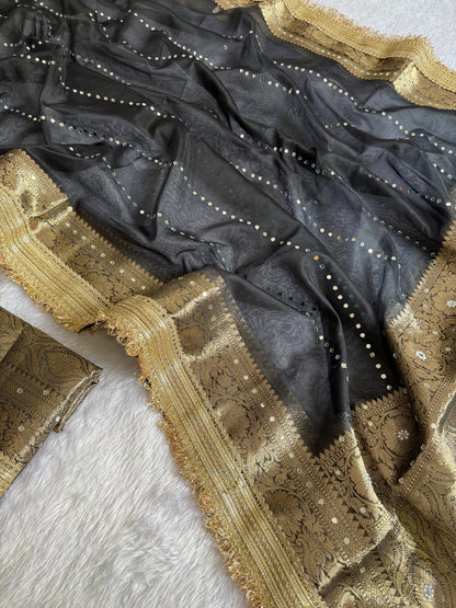 Black Organza Mirror Work Saree