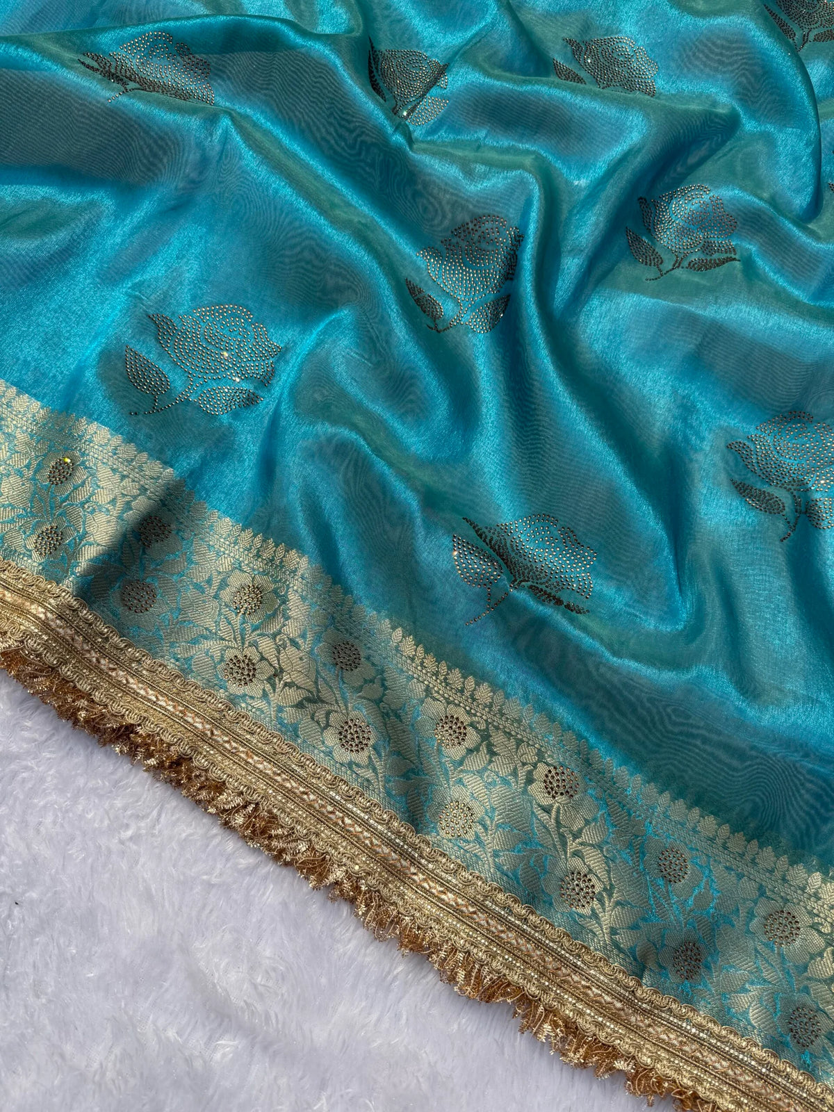 Turquoise Blue Stone Work Tissue Saree