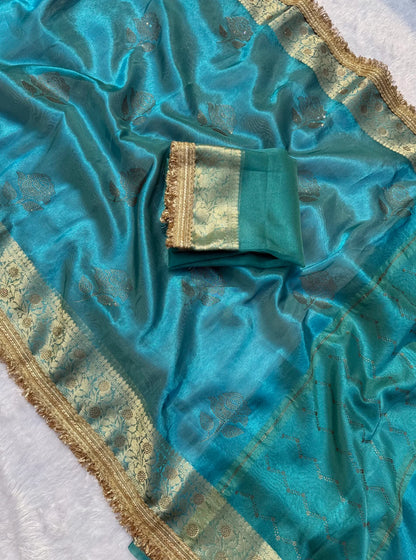 Turquoise Blue Stone Work Tissue Saree