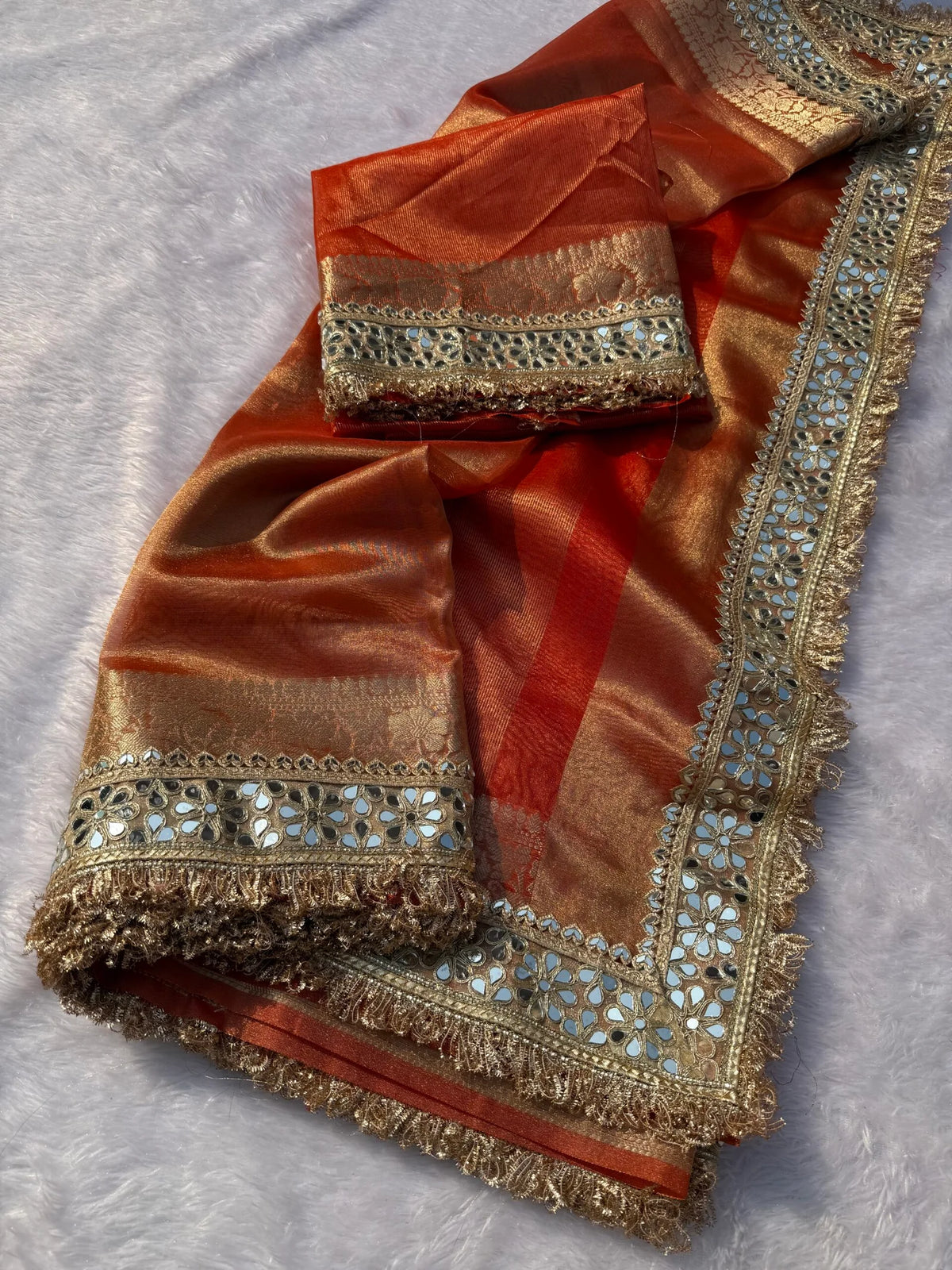 Orange Mirror Work Tissue Saree