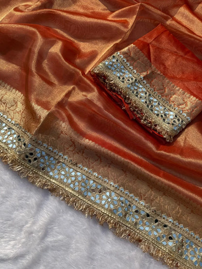 Orange Mirror Work Tissue Saree
