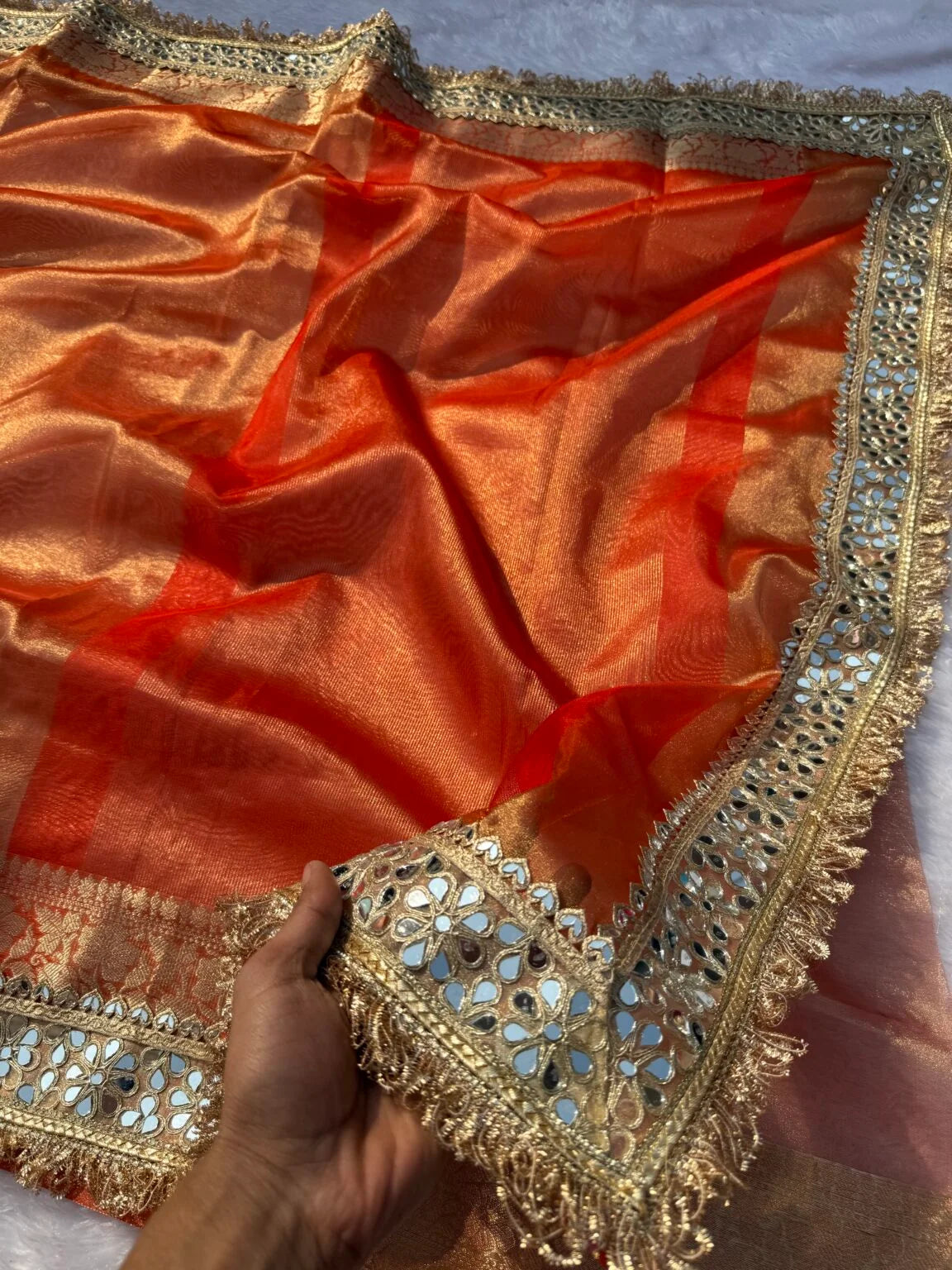 Orange Mirror Work Tissue Saree
