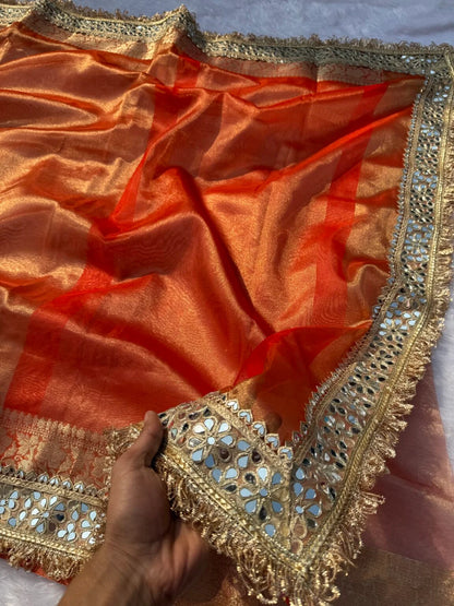 Orange Mirror Work Tissue Saree