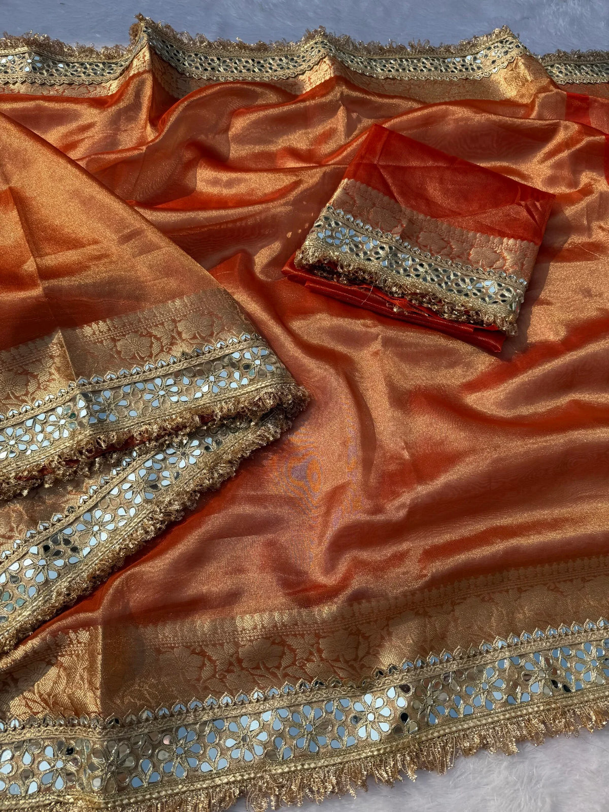 Orange Mirror Work Tissue Saree
