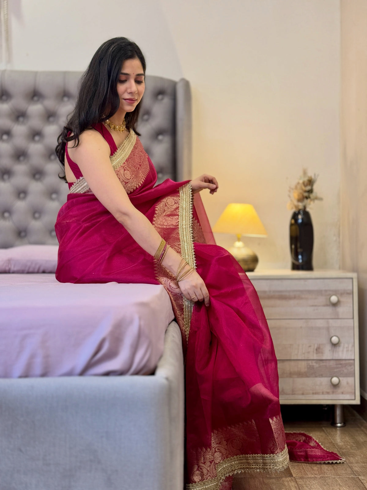 Magenta Pink Tissue Saree