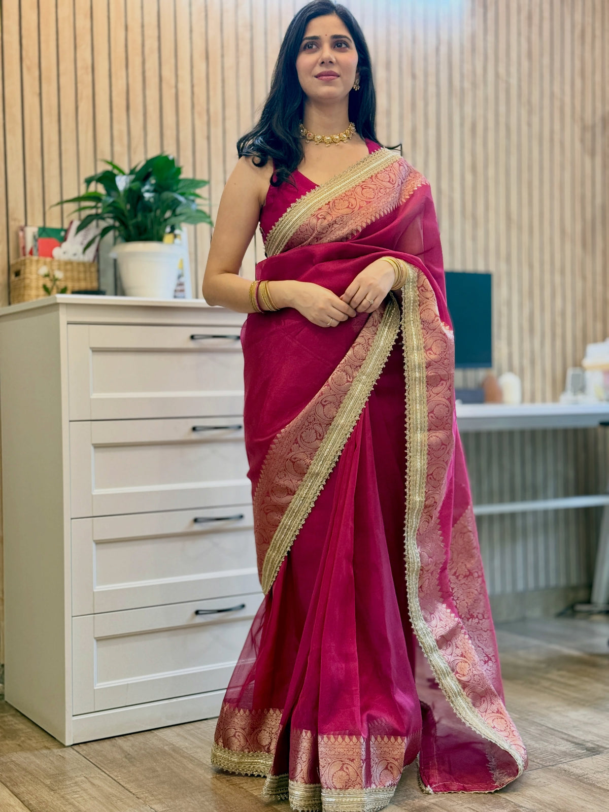 Magenta Pink Tissue Saree