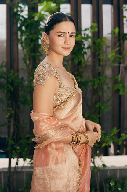 Alia Bhatt Inspired Peach-Gold Tissue Saree