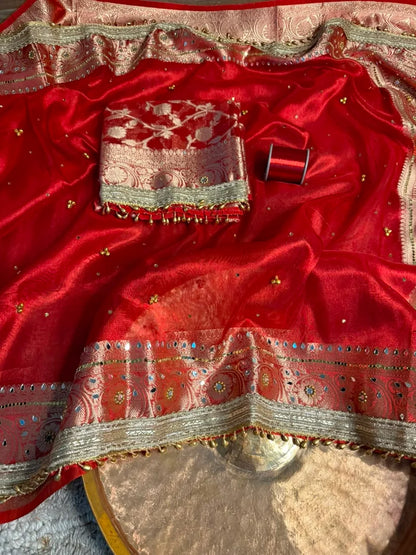 Red Kora Tissue Ghungroo Saree