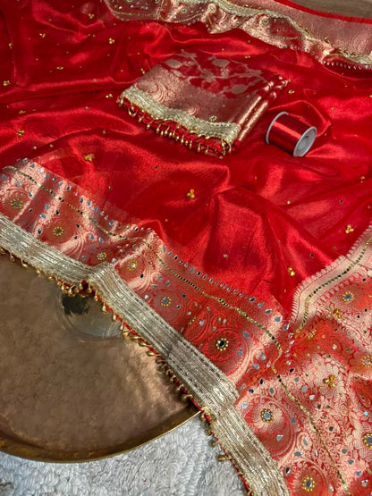 Red Kora Tissue Ghungroo Saree