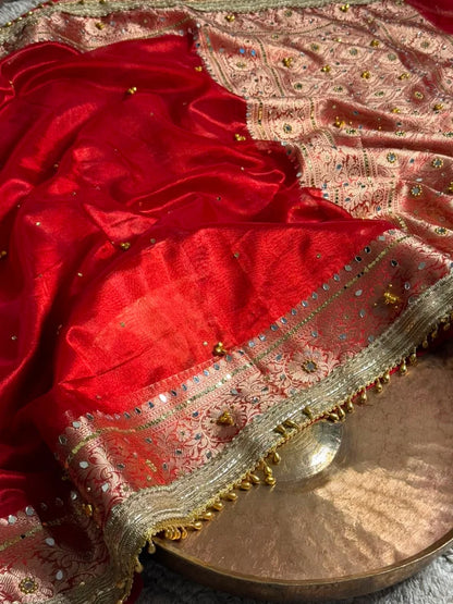 Red Kora Tissue Ghungroo Saree
