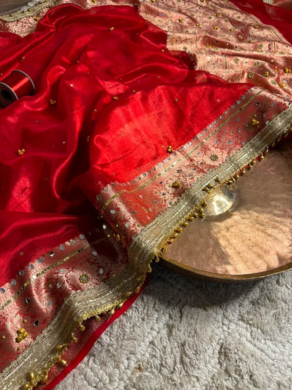 Red Kora Tissue Ghungroo Saree