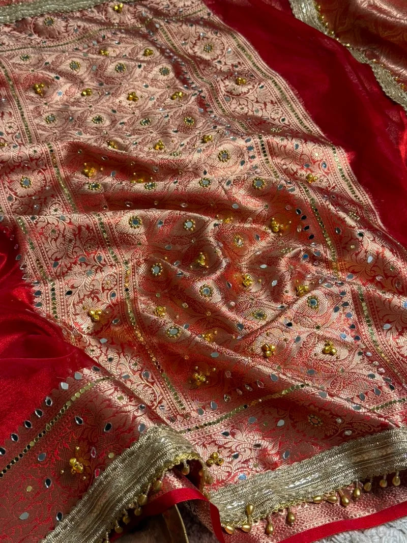 Red Kora Tissue Ghungroo Saree