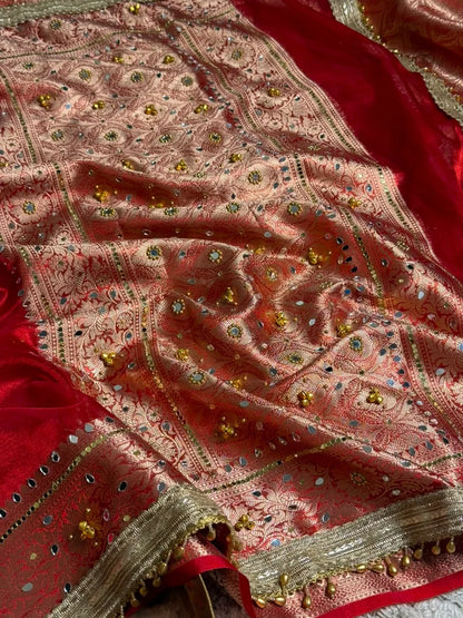 Red Kora Tissue Ghungroo Saree