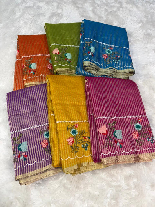Colorful organza tissue sarees bundle with floral scalloped borders and gold trim
