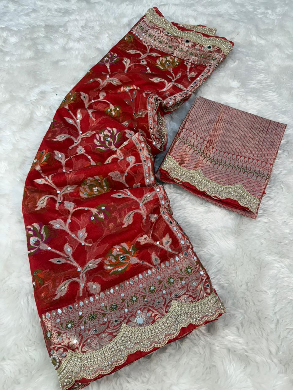 Deep Red Premium Georgette Mirror And Stone work Saree
