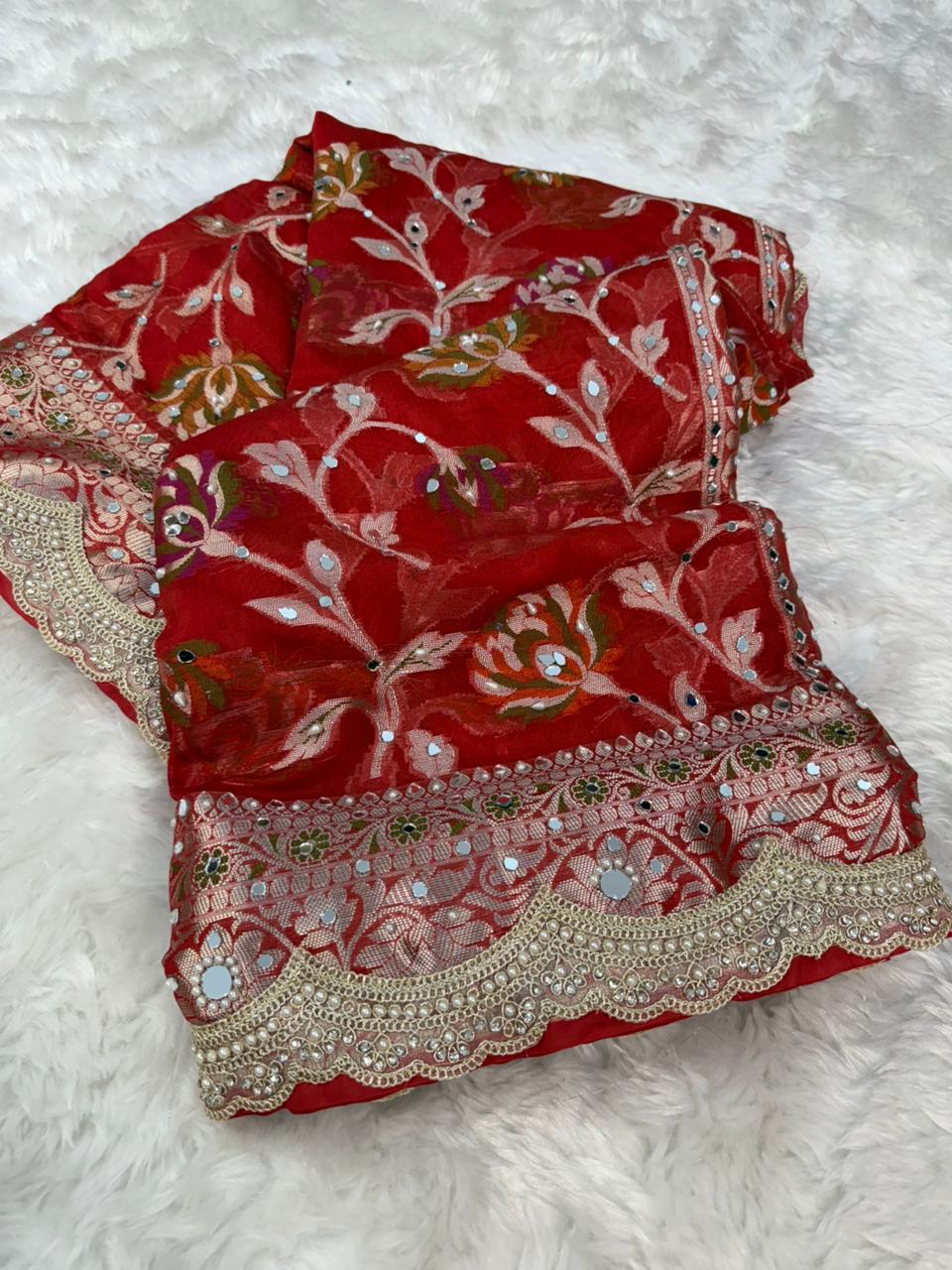 Deep Red Premium Georgette Mirror And Stone work Saree