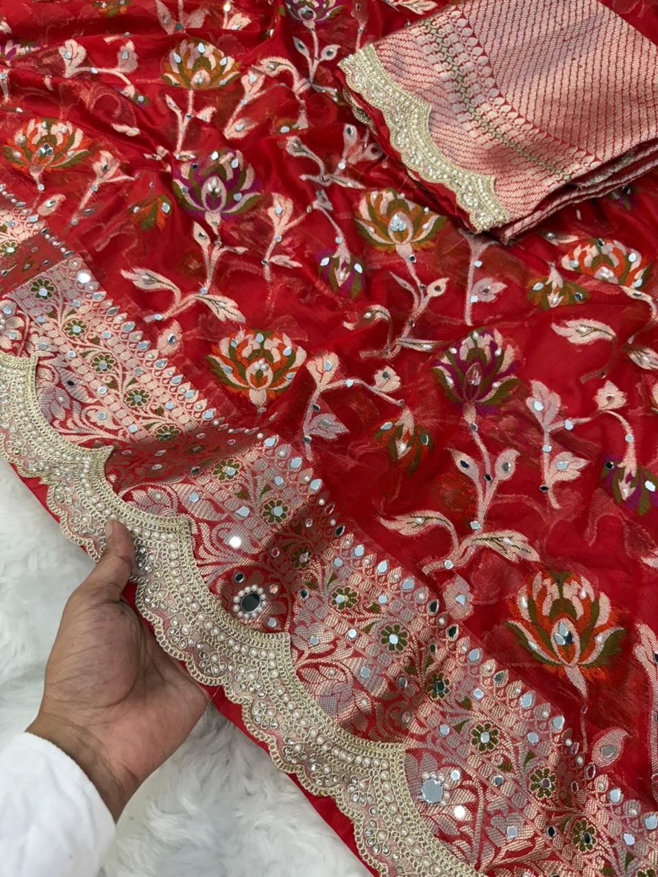 Deep Red Premium Georgette Mirror And Stone work Saree
