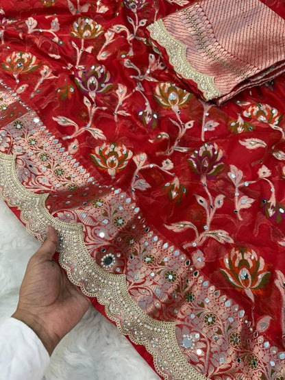 Deep Red Premium Georgette Mirror And Stone work Saree