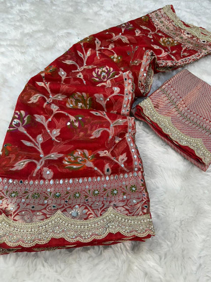 Deep Red Premium Georgette Mirror And Stone work Saree