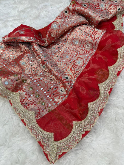 Deep Red Premium Georgette Mirror And Stone work Saree