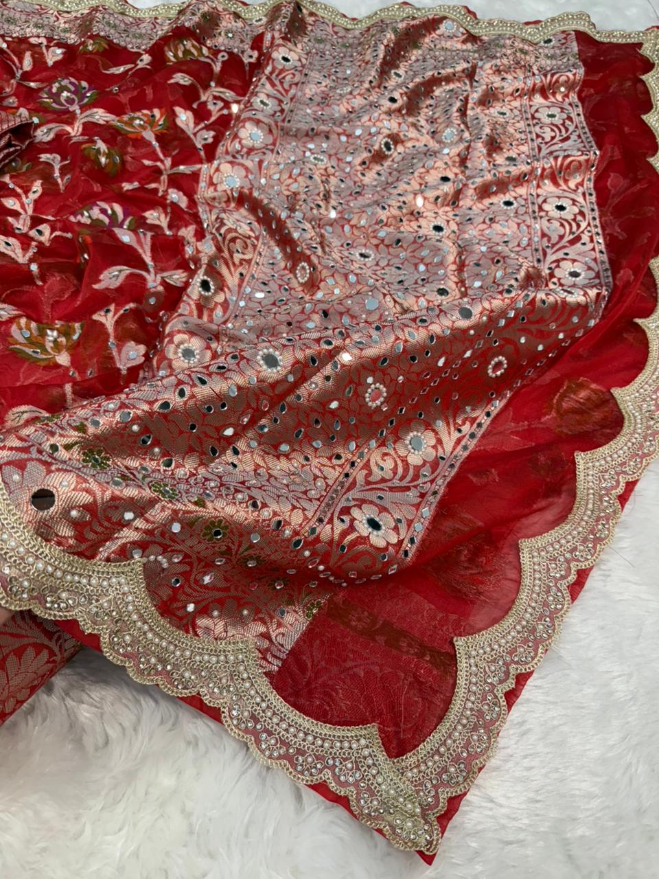 Deep Red Premium Georgette Mirror And Stone work Saree