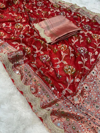 Deep Red Premium Georgette Mirror And Stone work Saree