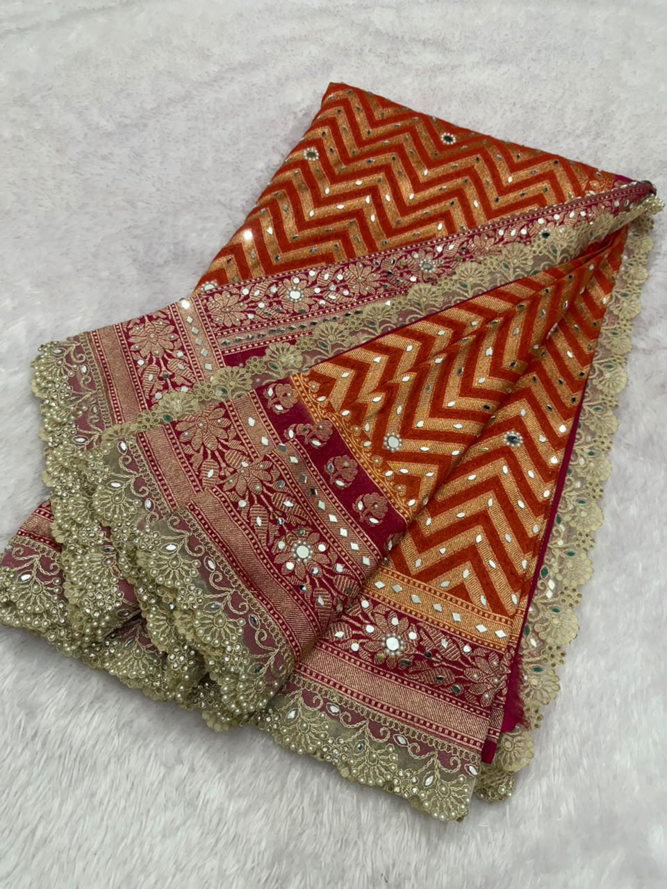 Premium Katan Silk Mirror & Stone Work Saree