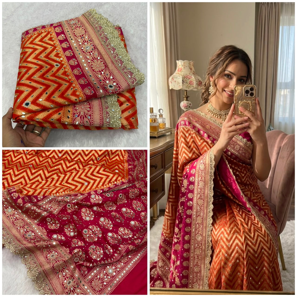 Premium Katan Silk Mirror & Stone Work Saree
