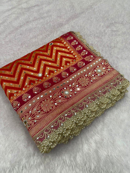 Premium Katan Silk Mirror & Stone Work Saree