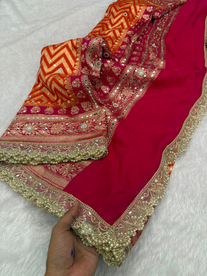 Premium Katan Silk Mirror & Stone Work Saree