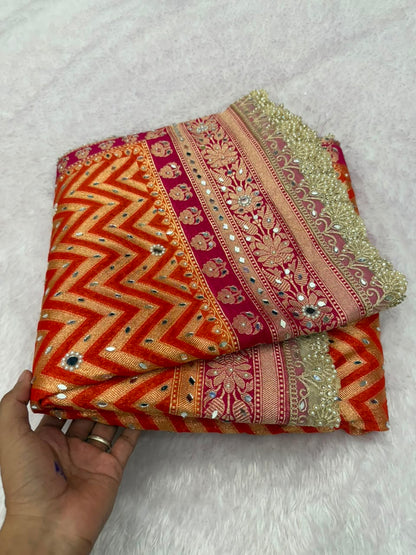 Premium Katan Silk Mirror & Stone Work Saree