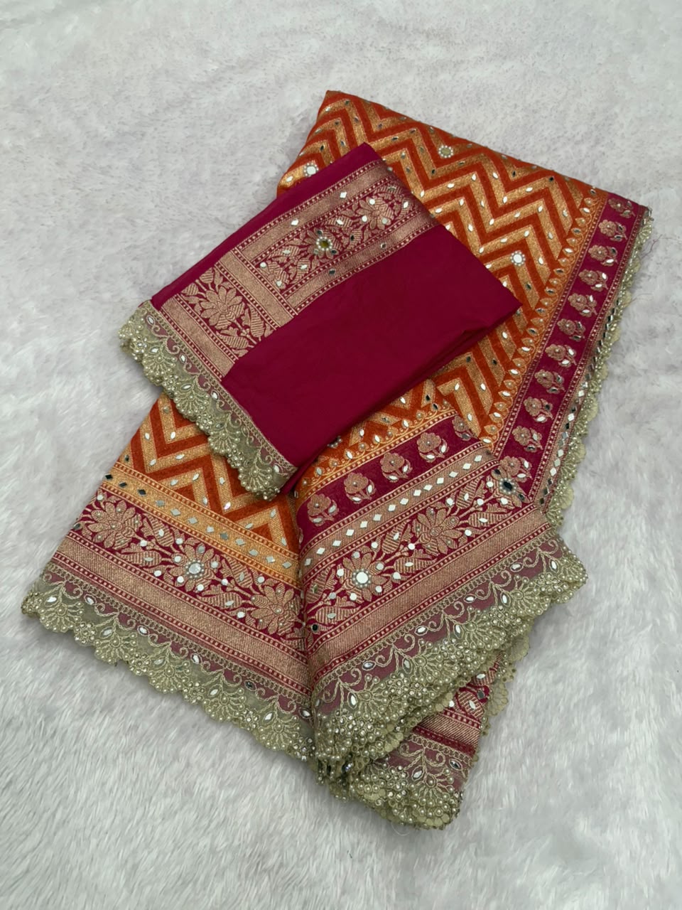 Premium Katan Silk Mirror & Stone Work Saree