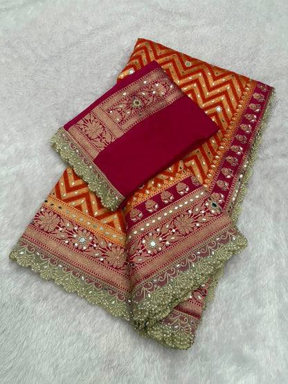 Premium Katan Silk Mirror & Stone Work Saree