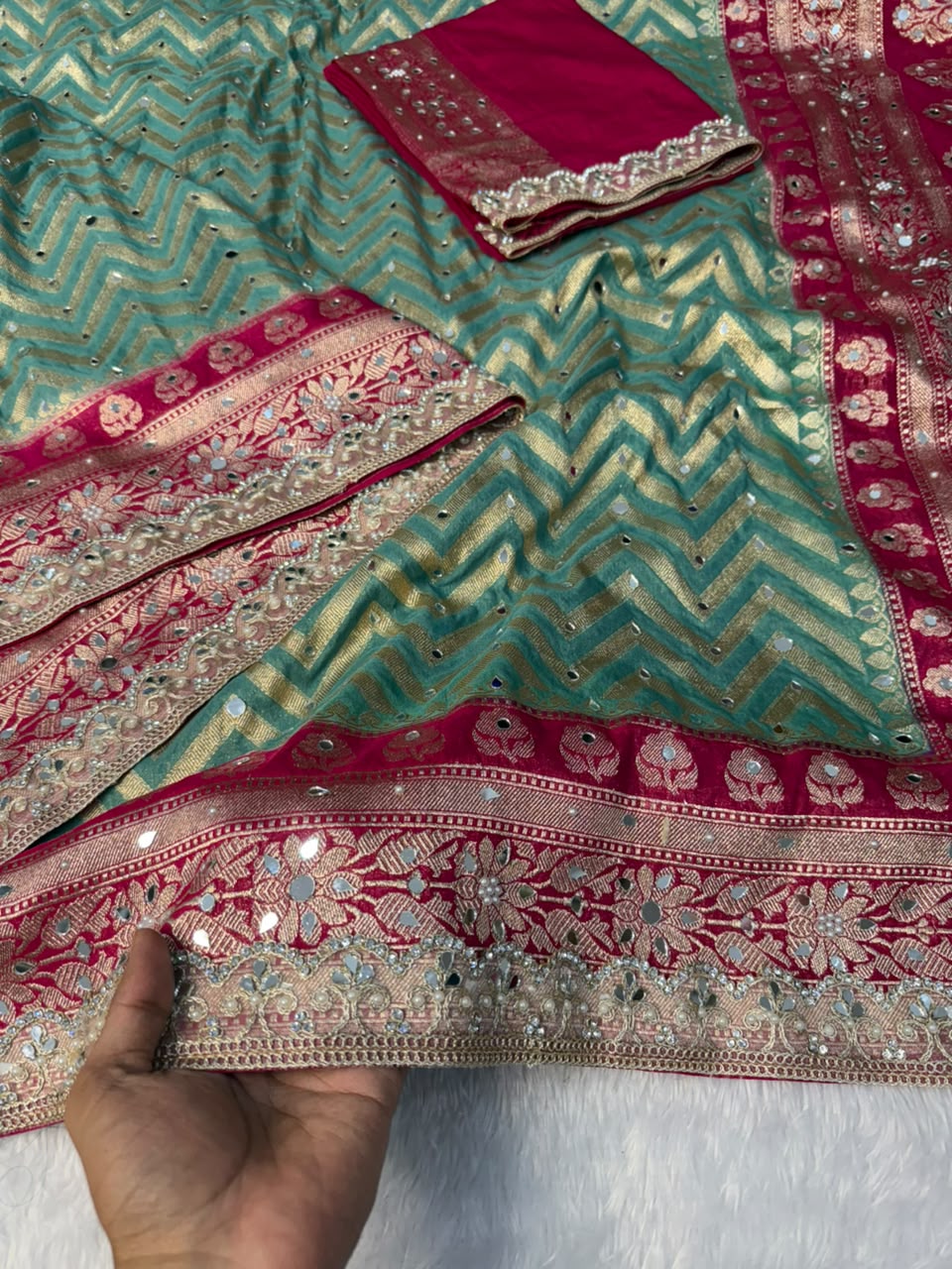 Premium Katan Silk Mirror & Stone Work Saree