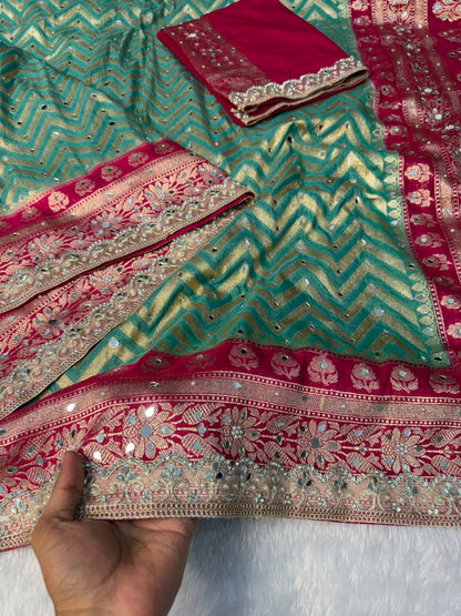 Premium Katan Silk Mirror & Stone Work Saree