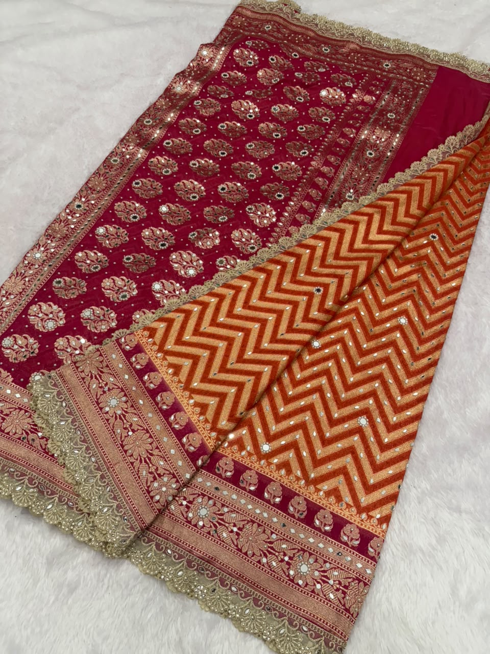 Premium Katan Silk Mirror & Stone Work Saree