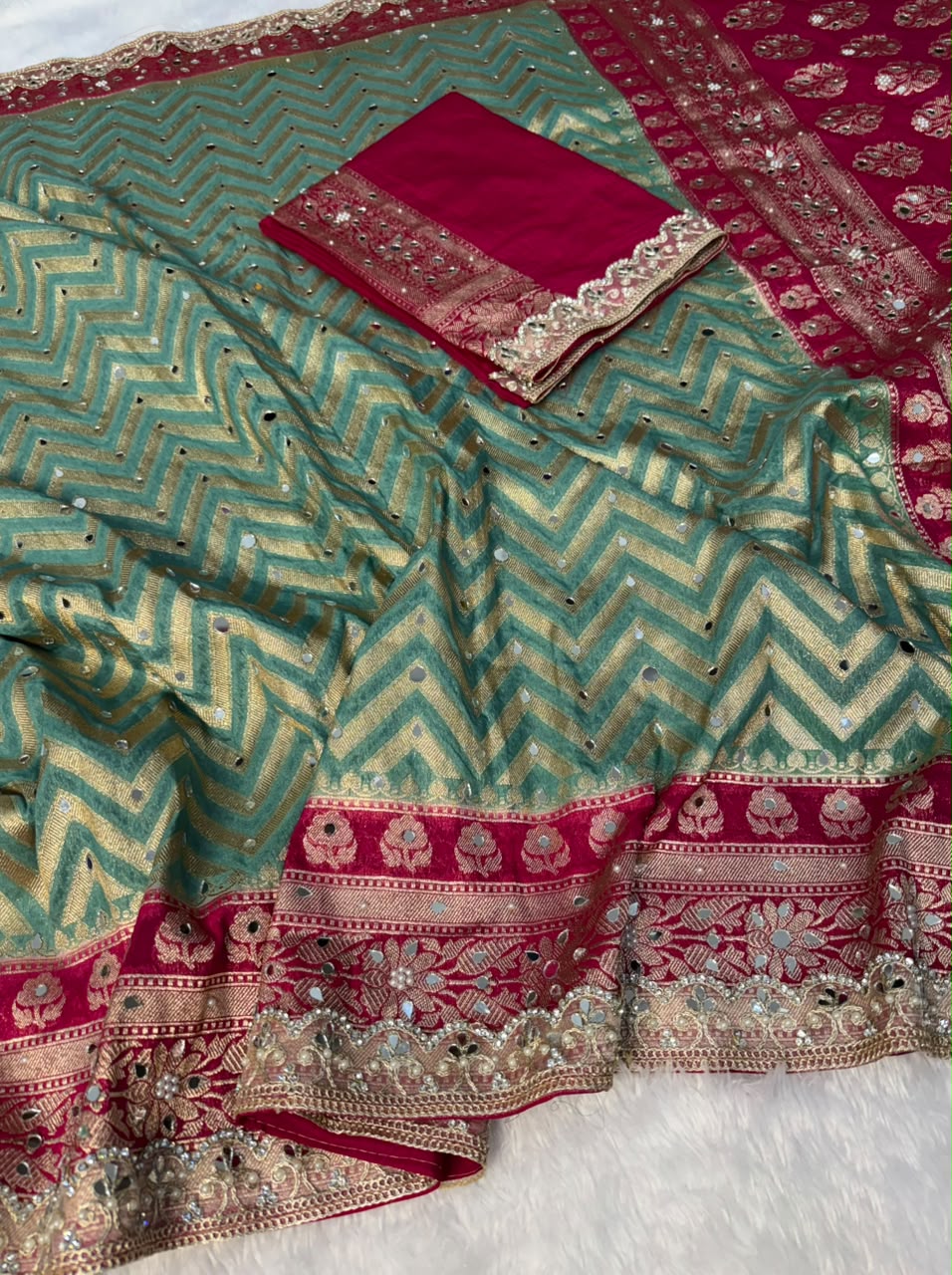 Premium Katan Silk Mirror & Stone Work Saree