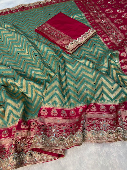Premium Katan Silk Mirror & Stone Work Saree